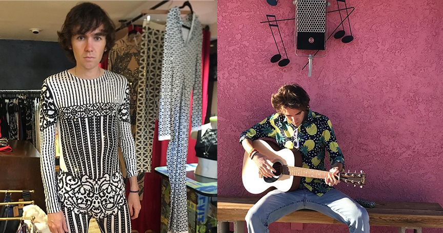 Tom Cridland and his crazy bodysuit, bought in San Francisco in 2019, and at The Pink Satellite Studio in Joshua Tree, California.