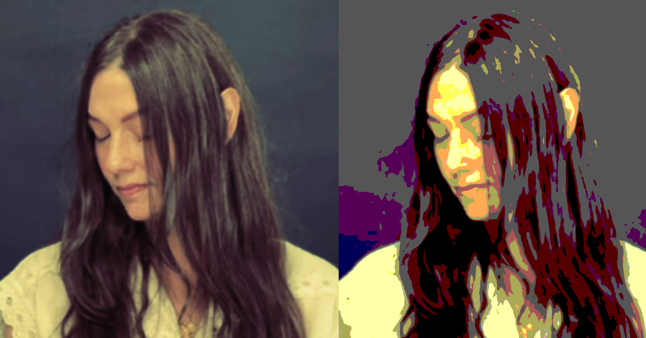 Diptych portrait of Sandy Bell, from her video "Monster Trying To Be A Lover," from her album "Entelechy."