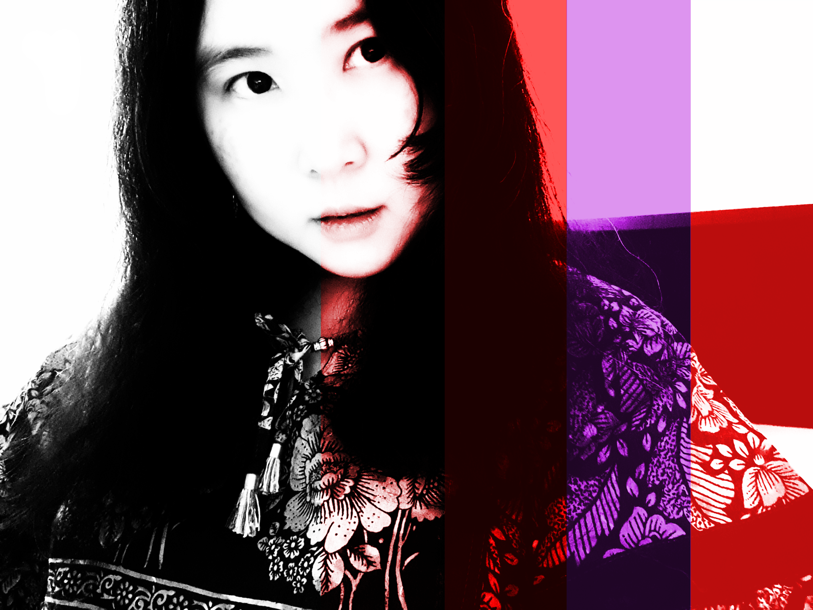 Black and white image of The Analog Girl, a singer songwriter from Singapore The image is modified with color overlays from the original.