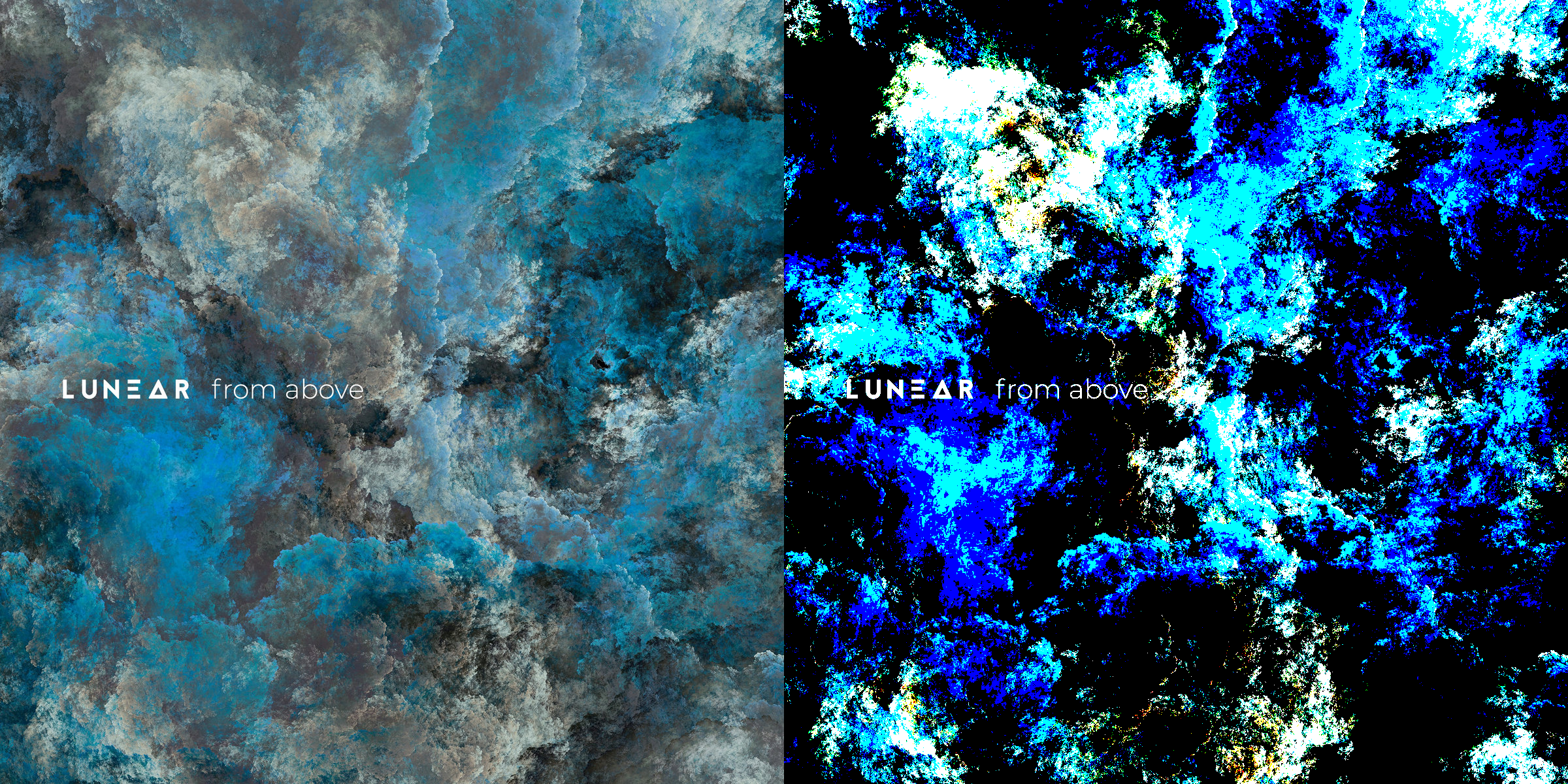 Cover of Lunear's 'From Above,' with Fractal art by Jean Philippe Benadjer, with a posterized version to the right, altered by Synthbeat.com